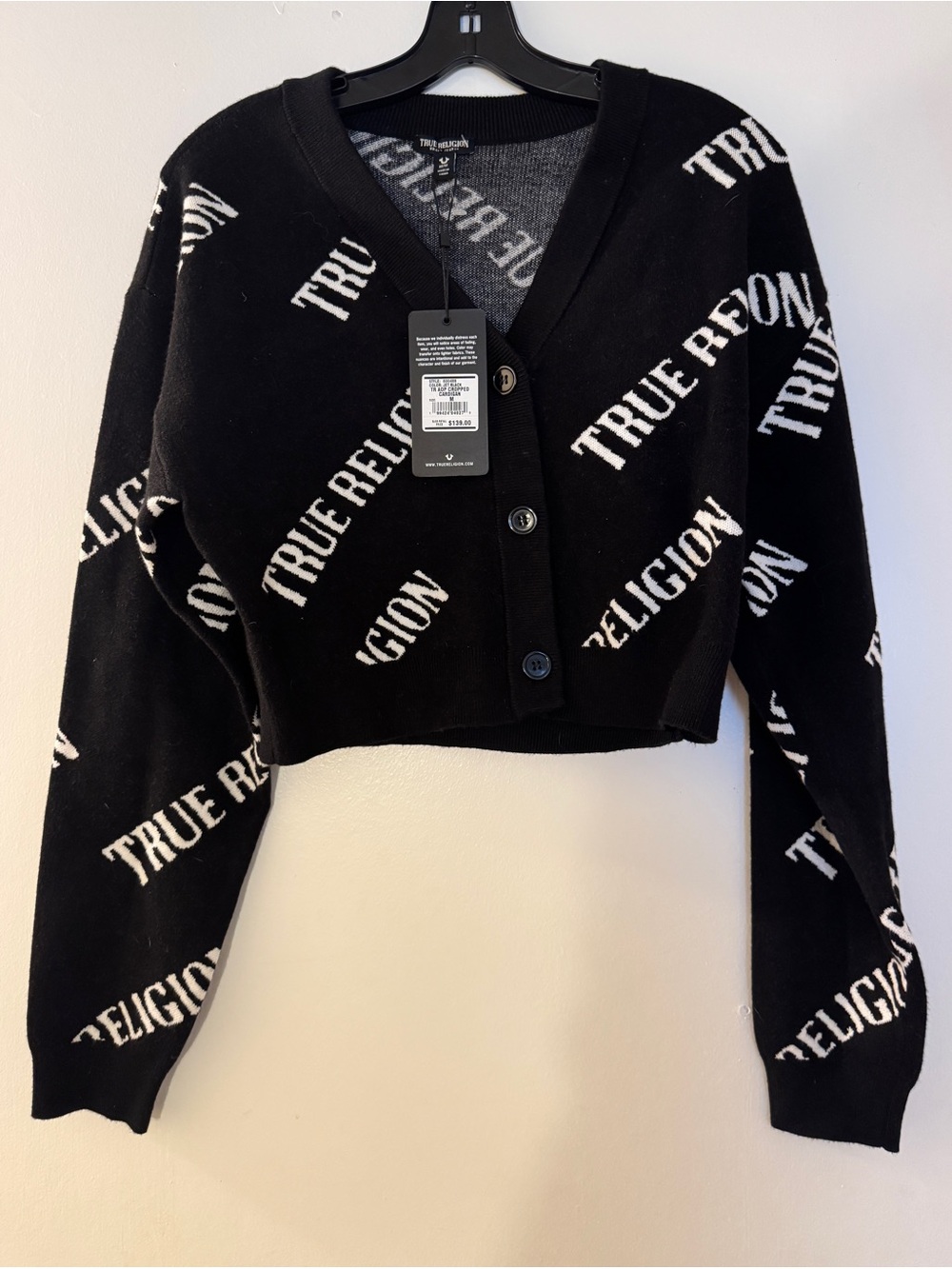 True Religion Jet Black Cropped Cardigan with White Logo